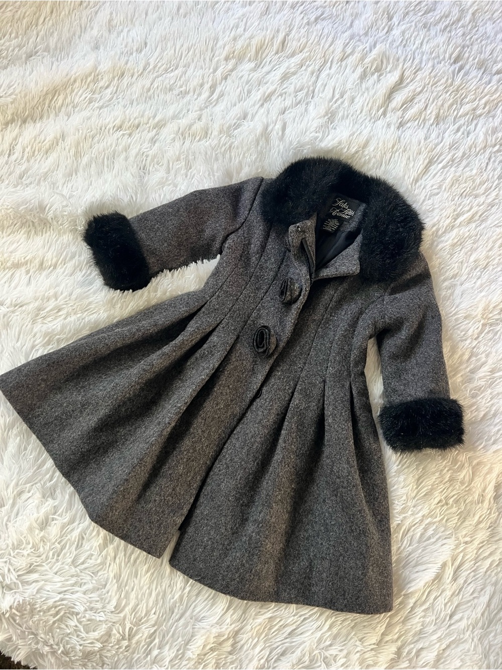 Saks Fifth Avenue Girls' Mini Miss Gray Wool Coat with Black Faux Fur Sz 2T